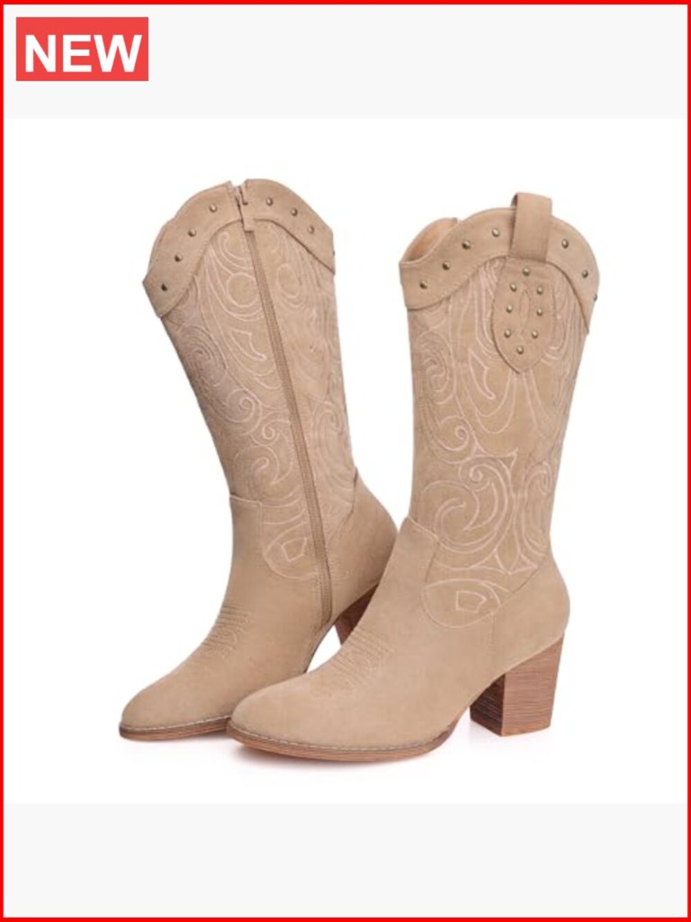 Western Mid Calf Boots for Women – Chunky Heel Pointed Toe Suede Embroidered - Picture 6 of 7